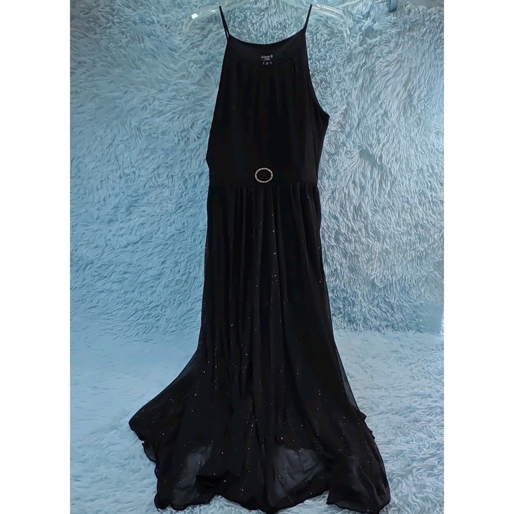 Alexa B Nites Black Chiffon Maxi Dress 12 Glitter Formal Evening Rhinestone